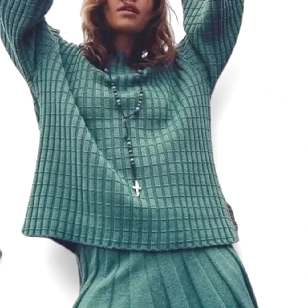 Free People FP Beach Kenzie Sweater Frosty Spruce Green Ribbed Knit Size M‎